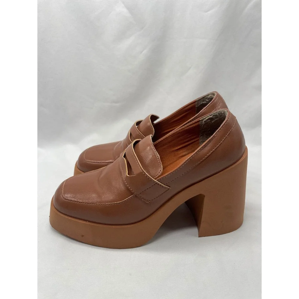 ASOS‎ DESIGN Profile Chunky High Heeled Loafer In Tan Size 40/9
